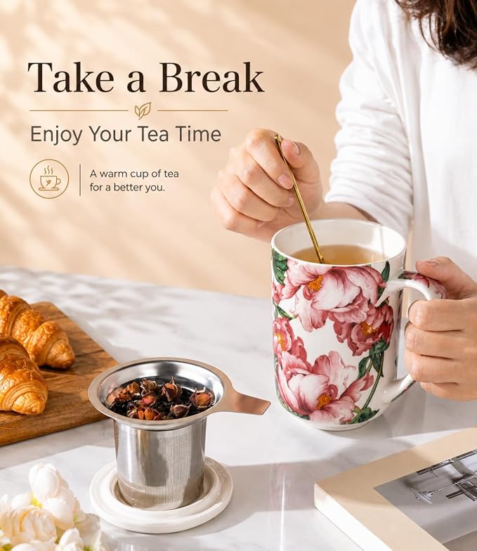 AmorArc Tea Cup With Infuser and Lid, 18oz Loose Leaf Tea Mug With Steeper | Porcelain Tea Mug With Infuser and Lid, Large Strainer Tea Cup with Lid for Tea, Coffee Mug for House-warming Birthday Gift