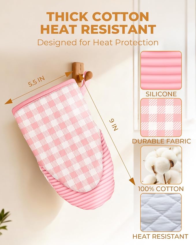 100% Thick Cotton Oven Mitts Ribbed Soft Silicone Pink Gingham | Aesthetic Oven Mitts for Women, Machine Washable Non-Slip Kitchen Mitts, Reversible for Both Hands, Stylish Kitchen Decor