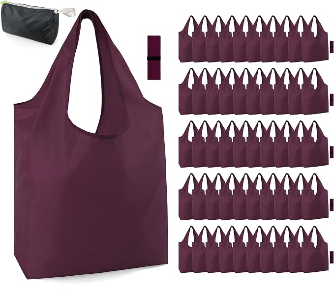 BeeGreen Burgundy Reusable Grocery Bags Wine Red Reusable Kitchen Bags Bulk Foldable-Machine Washable with Zipper Storage Pouch 50 Packs