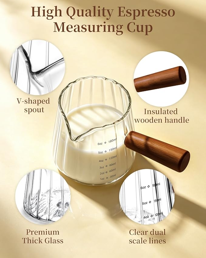 Espresso Measuring Cup 6 Oz, Espresso Glass Cups with Wood Handle, Milk Frothing Cup, Espresso Cup for Coffee, Milk, Tea or Maple Syrup Serving