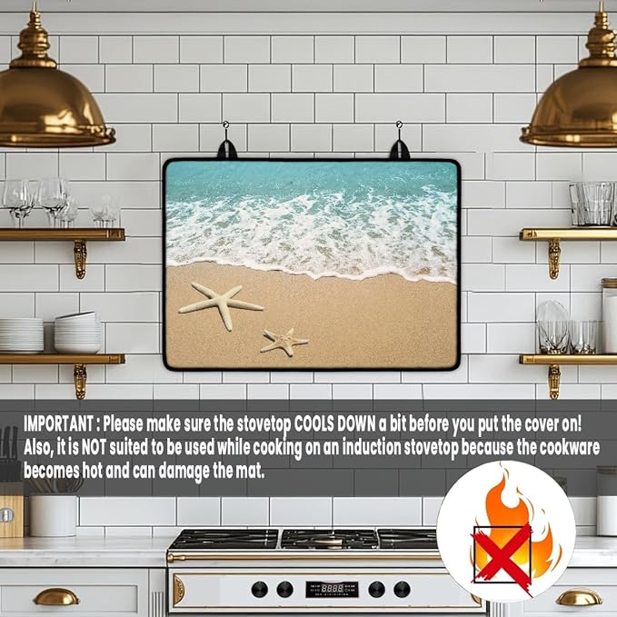 Beach Starfish Sea Stove Top Covers for Electric Stove, Coastal Sandy Seaside Glass Stovetop Cover with Lanyard Nautical Ocean Themed Countertop Protector Mat for Kitchen 28 x 20 Inch