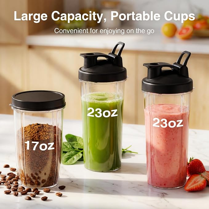 KOIOS Smoothie Blender Kitchen, 900W Personal Blender with 3 To-Go Cups | (2) 23oz & 16oz Cups, Blend Smoothies Shakes Juices Frozen Drinks, Dishwasher Safe Part, Twist-Lock, 14Pcs, Recipe, Sky Blue
