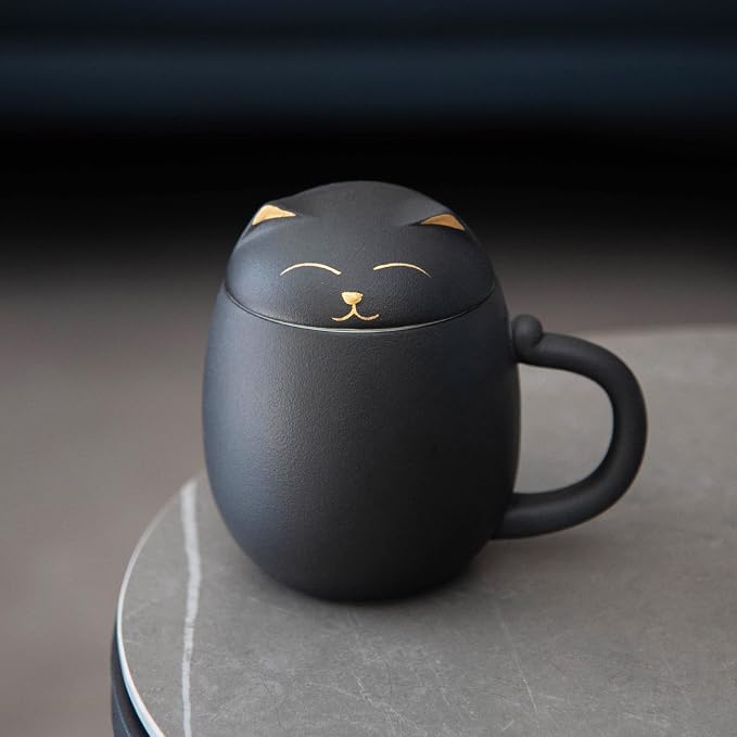 HEER Black Cat Ceramic Tea Mug 13.5oz with Infuser and Lid, Black | Cat Lover & Cat Mom Birthday Gift for Women, Perfect for Loose Leaf Tea, Tea Strainer Cup for Home & Office Use