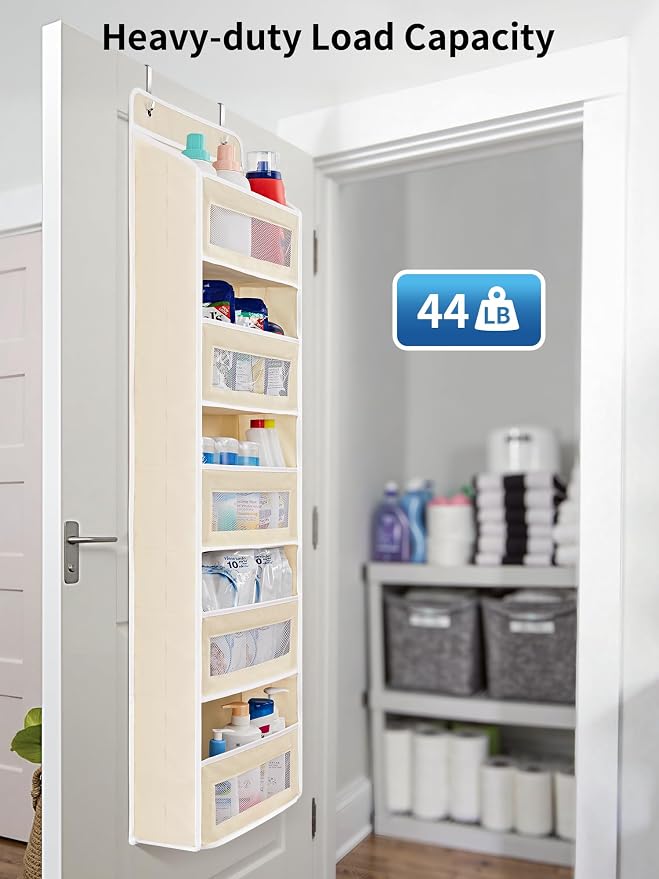 JARLINK Over the Door Organizer for Bedroom, Pantry Bathroom, 5 Shelf Beige | Anti-Tilt Design, 44 lb Load Capacity, Hanging Door Organizer with 5 Large Capacity Pockets, Behind Door Storage for Nursery