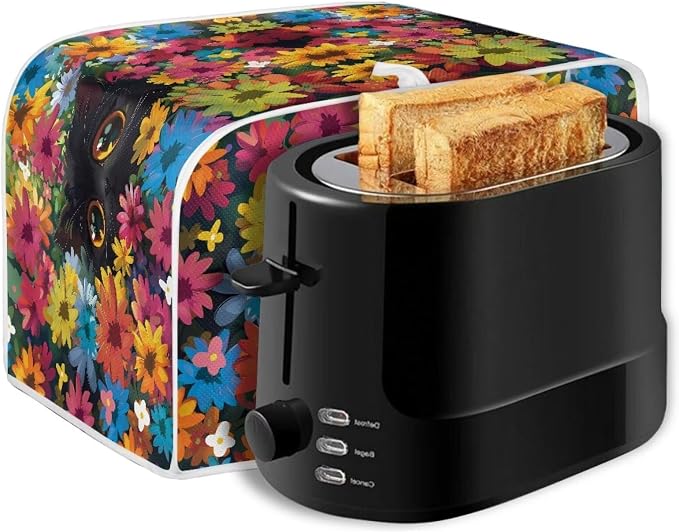 Cat Floral Print Toaster Cover 2 Slice Long Slot, Non Slip Bread Cover Dust Protection, Washable Toaster Accessories