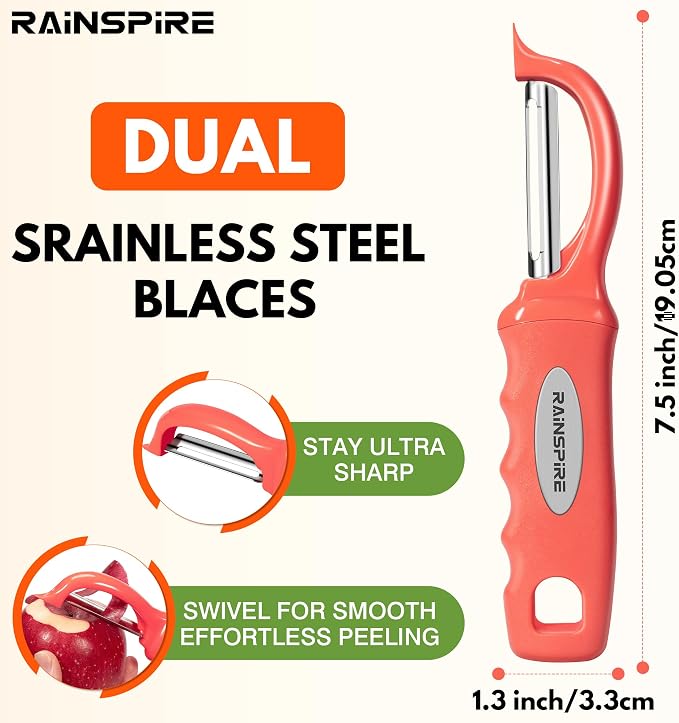 Rainspire Vegetable Peeler Potato Peelers for Kitchen, Sharp Stainless Steel Blades Veggie, Comfortable Handle Fruit Peeler, Carrot Peeler Apple Peeler Dishwasher Safe, Coral, 2-Pack