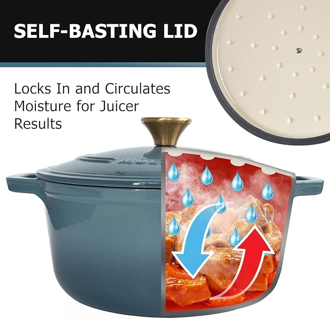 MUELLER HOME 7.5 Quart Enameled Cast Iron Pot Dutch Oven, Heavy-Duty, Oven-Safe up to 500° F & Across All Cooktops, Bread Pan with Lid & Knob, Cast Iron Cookware, Blue Kitchen Accessories,Mineral Blue | Oven-Safe up to 500° F