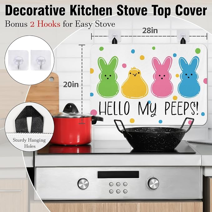 Happy Easter Glass Stove Top Covers for Electric Stove,Hello My Peeps Rabbit Bunny Chick Polka Dots Heat Resistant Cooktop Protector Non-Slip Washable Dish Drying Mat Rug Pad for Kitchen Decor 28"x20"