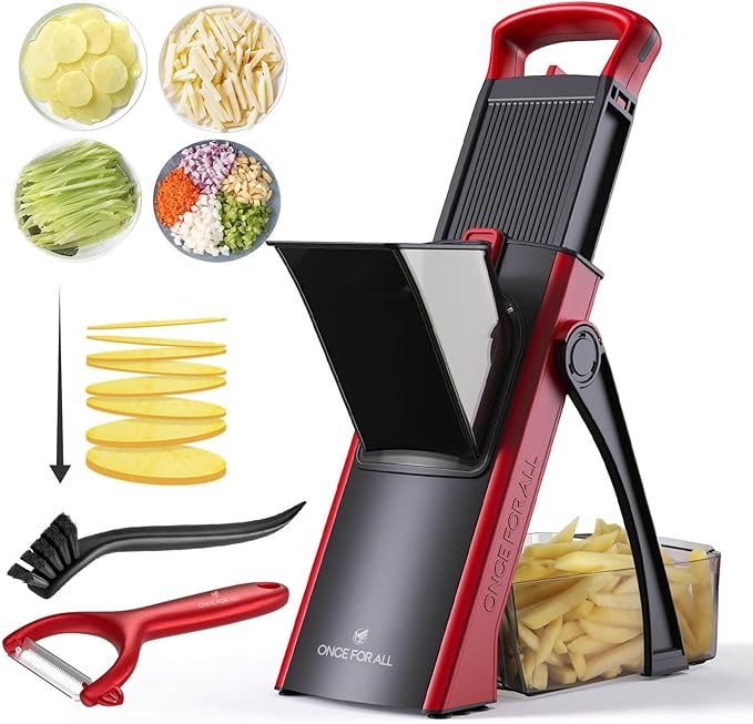 ONCE FOR ALL Safe Mandoline Slicer Plus with Peeler, Bigger Size, Red | 0.1-8mm Adjustable Potato Slicer, Veggie Slicer Potato Fries Cutter, Detachable Blade, Stainless Steel, Dishwasher-safe, Gift