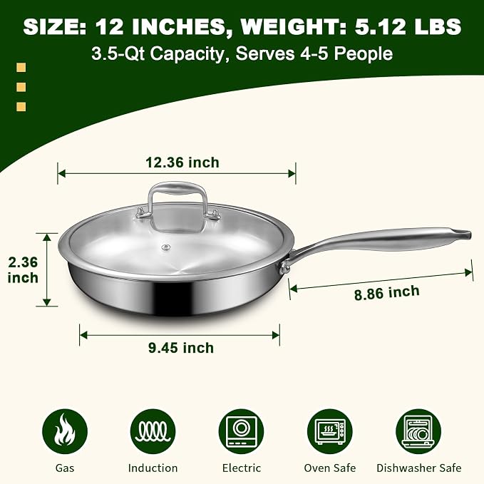 EWFEN 12 Inch Tri-Ply Stainless Steel Frying Pan, Compatible with All Cooktops Up to 600℉, Large Frying Pan with lids, Induction-Ready Skillet, Dishwasher and Oven Safe, Even Heat, 12" Skillet + Lid