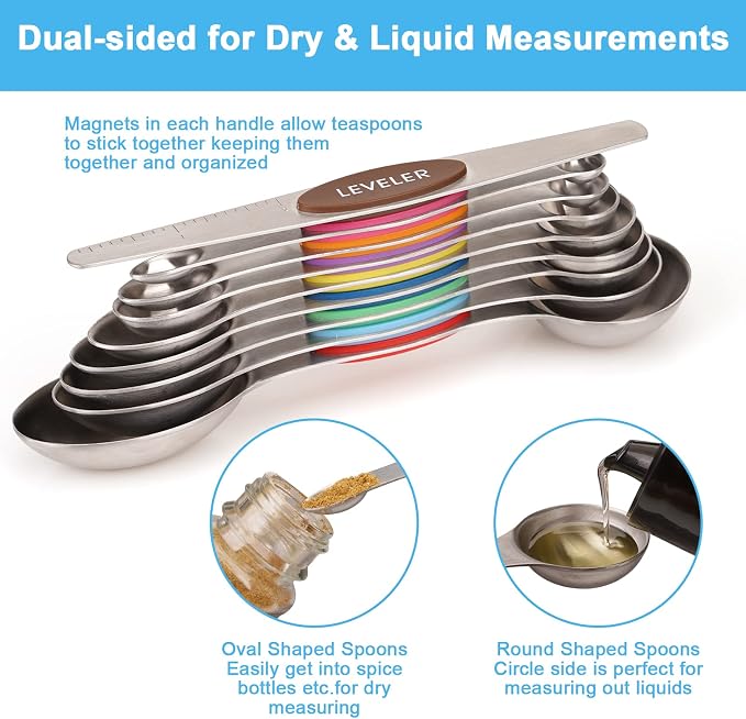 Aovchei 9 PCS MultiColor Magnetic Measuring Spoons Set | Dual Sided, Stainless Steel Small Tablespoon, Teaspoons, Fits in Spice Jars, for Dry and Liquid