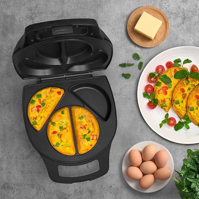 Holstein Housewares Stainless Steel 4 Section Omelet Maker, Non Stick Coating, Mess Free Cooking, Easy Cleaning, Indicator Lights, Upright Storage & Anti Slip Feet For Quick Meals. 4 Portions, Black