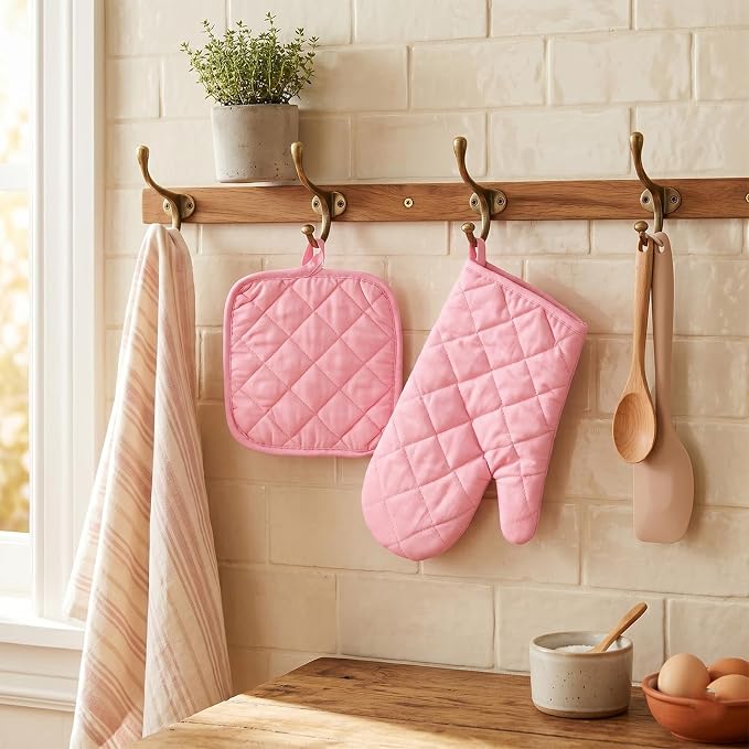 Oven Mitts and Pot Holders Sets, 2 Pcs Heat Resistant 500 °F, Extra Thicken Long Kitchen Cotton Oven Mitt Pot Holder for Cooking Baking Grilling (Pink)