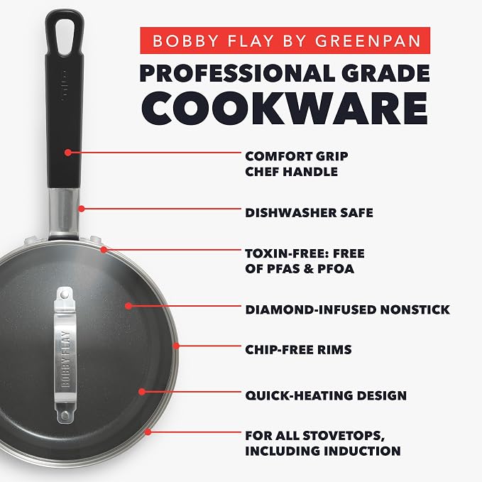 GreenPan x Bobby Flay 2.5QT Ceramic Nonstick Saucepan with Glass Lid, Black | PFAS-Free Diamond Ceramic Nonstick Chef Pan, Silicone Handle, Induction & All Stovetop Compatible, Dishwasher and Oven Safe