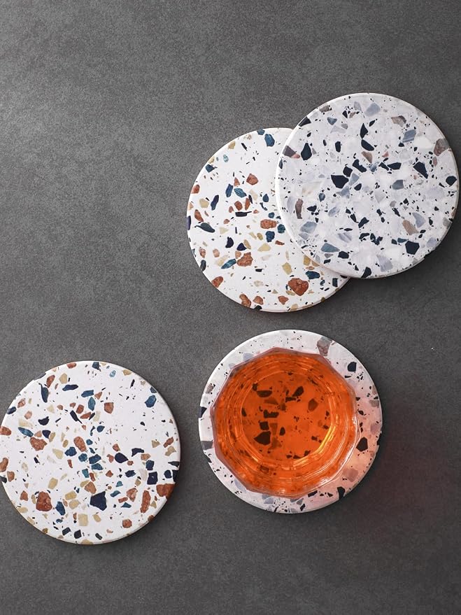 LIFVER Coasters Set of 6, Terrazzo Style Ceramic Drink Coasters with Holder | Set of 6 terrazzo coasters with holder, absorbent & non-slip cork back, protects tables from rings/scratches, stylish gift