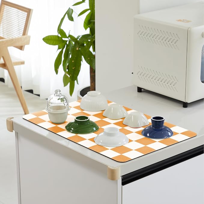 Ohocut Checkered Dish Drying Mat for Kitchen Counter, Coffee Bar Station Accessories, Retro Cute Aesthetic Modern Absorbent Drainer Mat Kitchen Drying Mat Easy Clean, Orange 16" x 24"