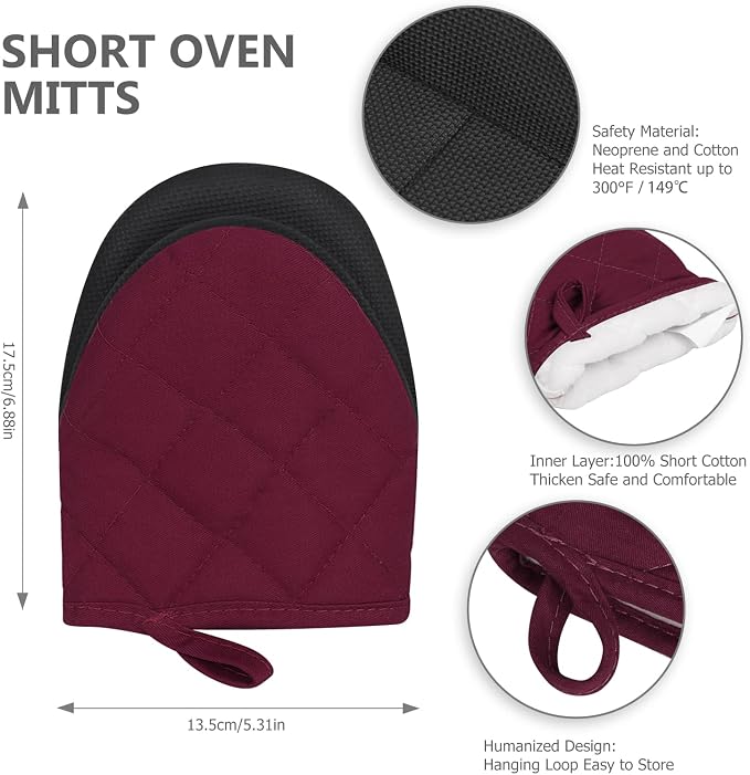 1 Pair Short Oven Mitts - Silicone Kitchen Oven Gloves High Heat Resistant 500℉, Mini Oven Mits with Non-Slip Grip Surfaces and Hanging Loop for BBQ, Baking, Cooking and Grilling (Dark Red)