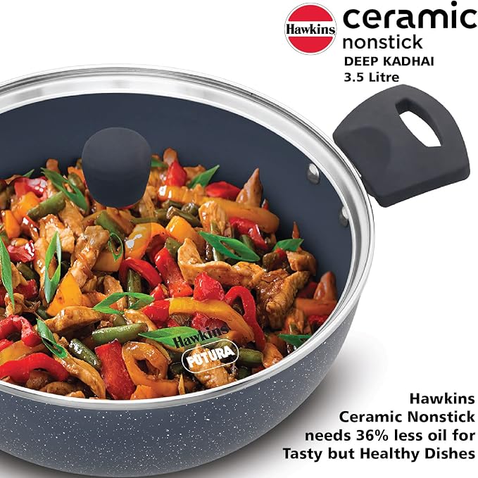 HAWKINS Ceramic Nonstick 3.5 Litre Deep Kadhai, Induction Deep Fry Pan with Glass Lid, Granite Kadai (ICK35G)