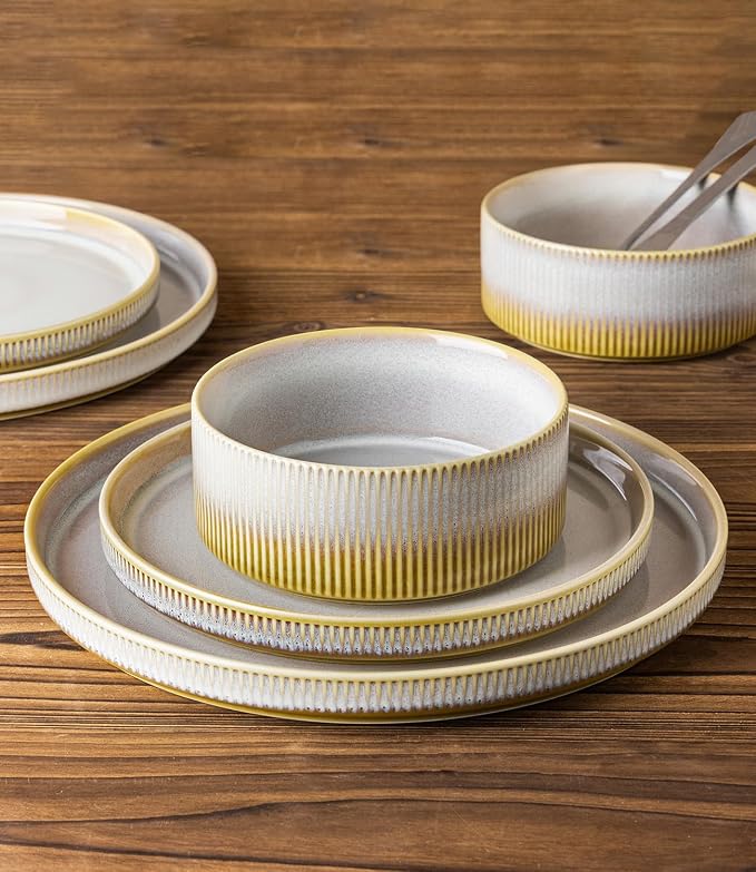 Ceramic Dinnerware Set for 4, 12-Piece Plates and Bowls Set | Lightweight Porcelain Dish Set, Scratch Resistant, Oven & Microwave & Dishwasher Safe, Autumn Haze