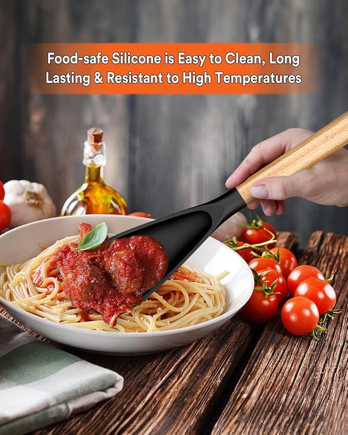 Multifunction Spoon for Nonstick Cookwares, Great for Cooking and Serving, Sturdy BPA-Free Matte Silicone, Wood Handle Spoonula for Mixing, Scoop, and Scrape, Black(2 pack,11.4" & 13.4")