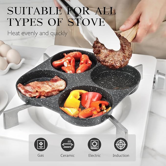 GiPP Non Stick Egg Pan, 4-Cup Granite Omelette Pan Skillet for Breakfast, Pancake Pan with Heat-Resistant Handle, Compatible with All Stovetops, Easy to Clean, PFOA Free, Grey