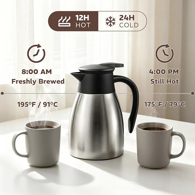 Thermal Coffee Carafe for Keeping Hot – 34OZ Insulated Small Coffee Pot | 304 Stainless Steel Coffee Flask, Tea Pitcher for Hot Drinks Liquid Water, Insulated Beverage Dispenser for Parties