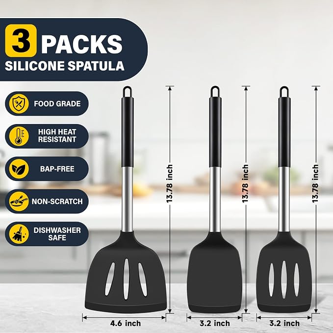 Silicone Spatula Set, Heat Resistant Fish Spatula, Solid & Slotted Turner for Non-Stick Pans, Silicone Cooking Utensils, BPA-Free, Flexible Kitchen Spatula for Flipping Eggs, Burgers, Black, 3 PCS-B