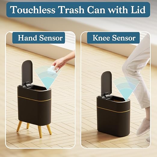 LALASTAR Automatic Bathroom Trash Can with Lid, Motion Sensor Bathroom Garbage Can for Toilet, Slim Smart Waste Basket for Kitchen, Living Room, 2.5 Gallon, Black