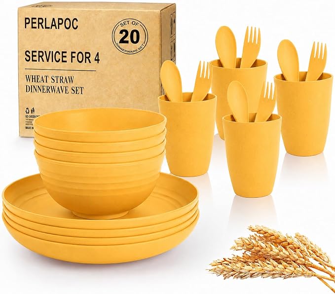 20 Piece Wheat Straw Dinnerware Sets for 4, Unbreakable Dish Set,Reuseable Kids Plates and Bowls Sets for 4, Lightweight Kitchen Dishware Set for Camping, Picnic, and Famliy Meal - Yellow