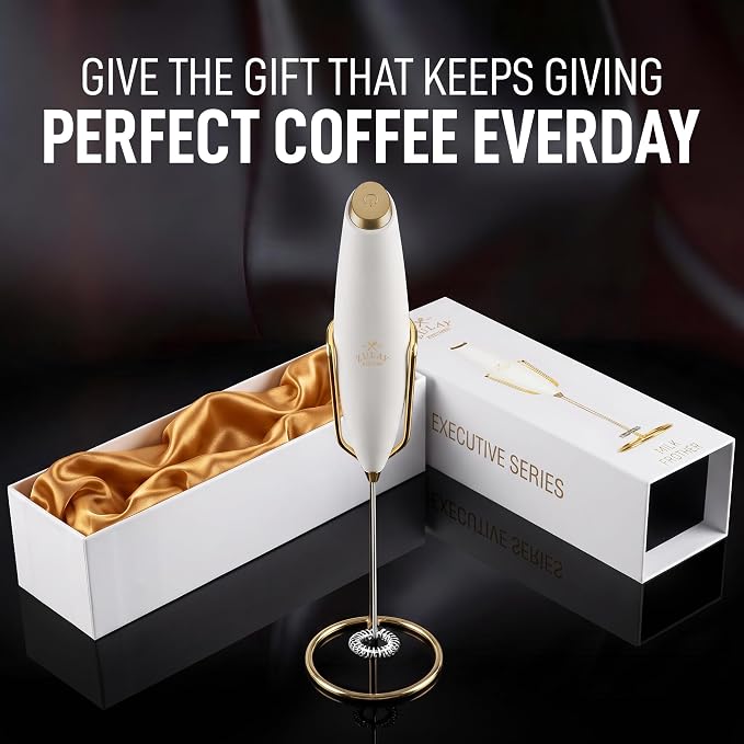 Zulay Kitchen Powerful Milk Frother Wand With Duracell Batteries - Ultra Fast Handheld Drink Mixer - Electric Whisk Foam Maker for Coffee, Lattes, Cappuccino & Matcha - Z1 Motor - Exec White Gold