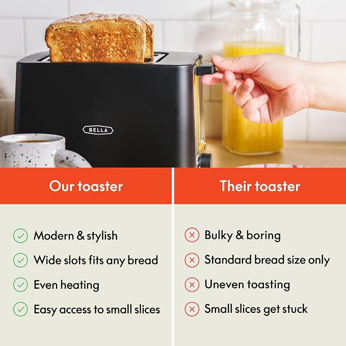 bella 2 Slice Toaster, Extra Wide Slots & Removable Crumb Tray, Black