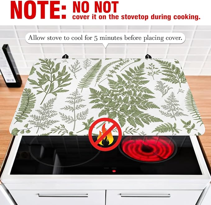 Boho Glass Stove Top Cover for Electric Stoves,Botanical Fern Plant Floral Farmhouse Stove Top Cover for Kitchen Decor,Heat Resistant Cooktop Protector Mat,Non-Slip Washable Dish Drying Mat 28"x20"