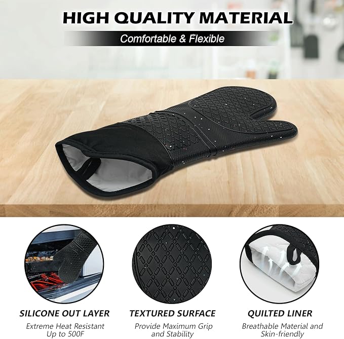 Silicone Oven Mitts 15'' Heat Resistant Flexible Oven Glove Set Hot Mitts with Soft Cotton Lining for Cooking, Baking, and Grilling (Black Mitts+potholders+Kitchen Towels, 15'')