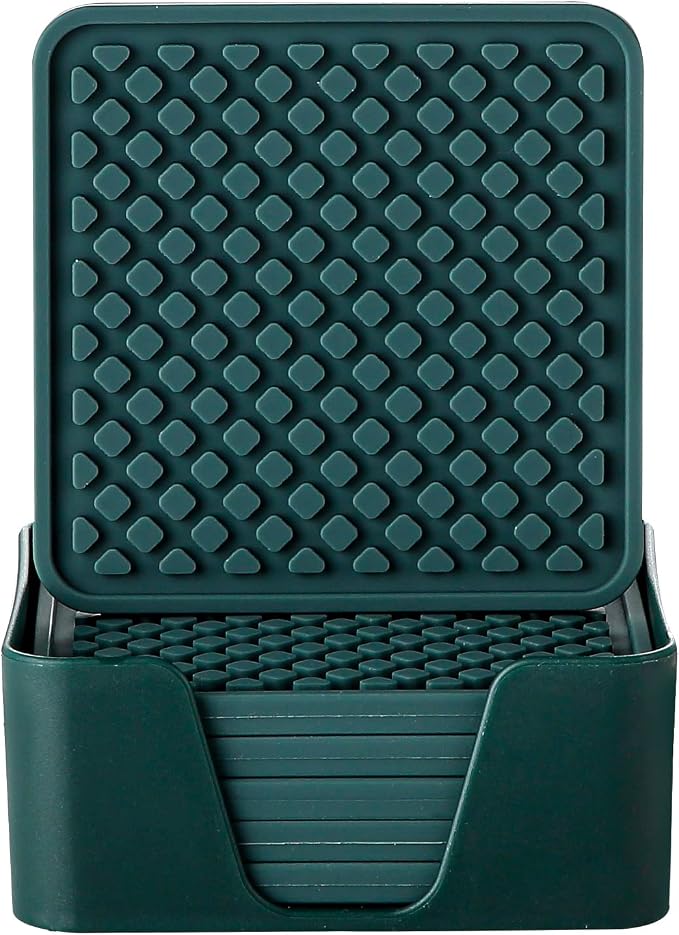 Colinda Silicone Drink Coasters with Holder, Set of 6, for Tabletop Protection and Office Desk, Cup Mat Set for Home Decor, Non-Slip and Non-Stick,Square, 4 Inch,Malachite Green