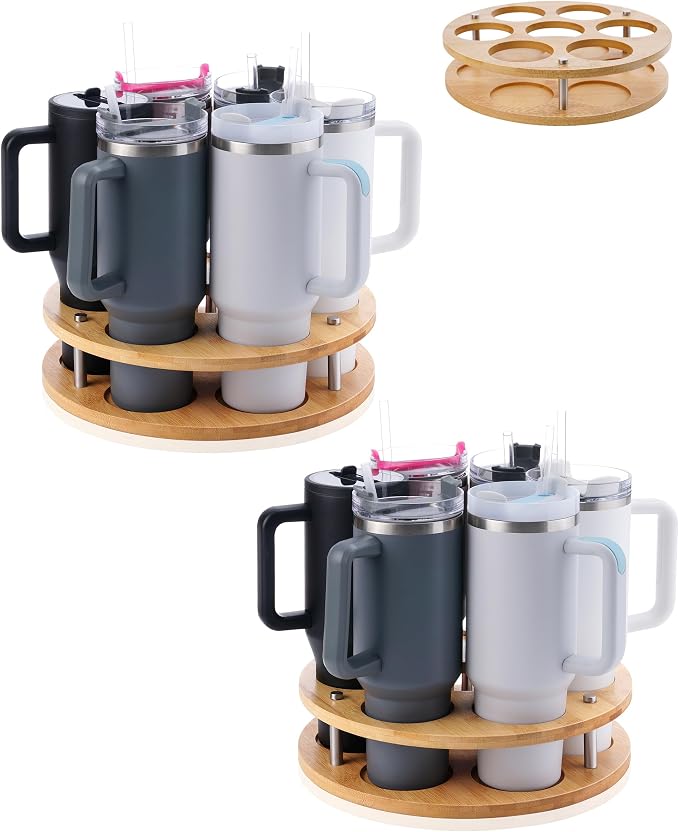 2Pack Rotating Wood Tumbler Organizer, 30 oz 40 oz Spinning Turnable Tumblers Holder, 360° Rotatable 7 Large Cups Bottle Tumbler Storage Display Stand, Rotate Syrup Organizer for Cabinet Countertop