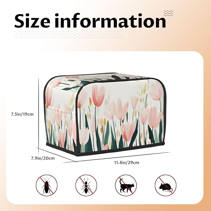2 Slice Toaster Cover Tulip Flower Watercolor Dust Proof Washable Kitchen Appliance Cover with Pocket, Oxford Fabric Countertop Toaster Protector for Standard Toasters Small Appliances