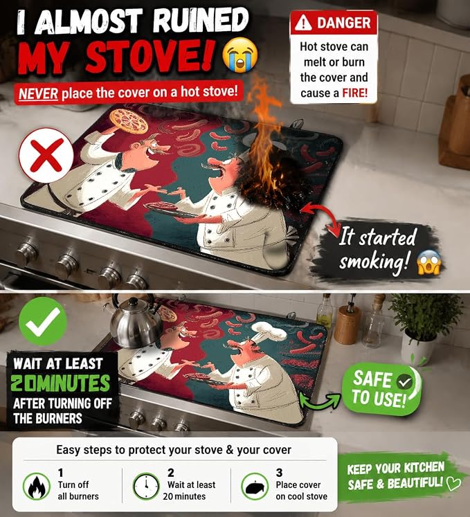 Electric Stove Top Cover for Glass Top, Funny Chef Pizza Decor – Heat Resistant Flat Stove Top Covers, Decorative Scratch Protector Mat for Glass Ceramic Cooktop, Non-Slip, 28"x20"