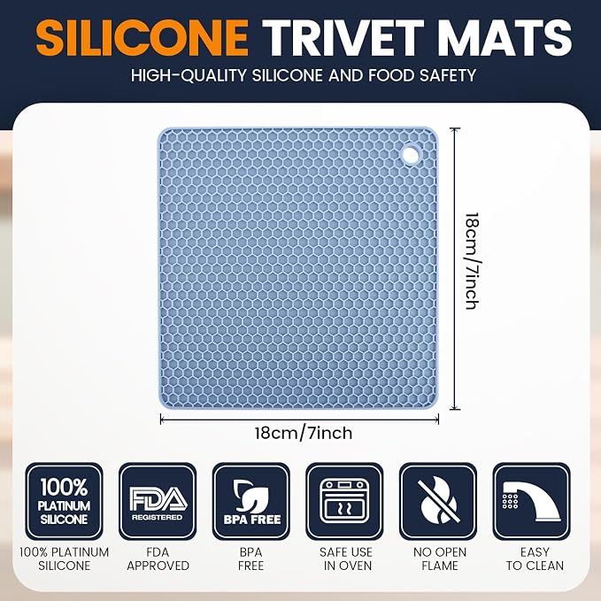 Silicone Trivet Mats 4 Heat Resistant Pot Holders Multipurpose Non-Slip Hot Pads for Kitchen Potholders, Drying mat, Jar Opener, Spoon Holder, Coaster.(Light Blue)