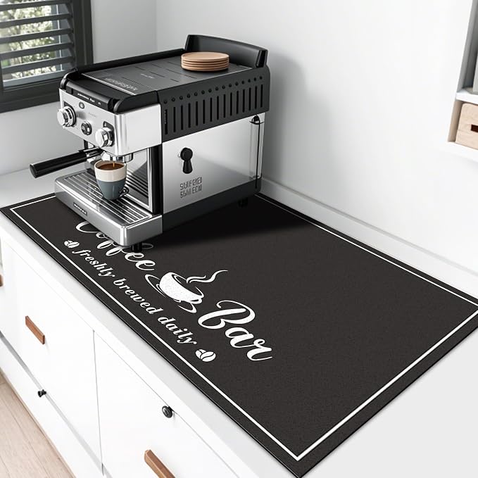 CooRug Fashion Coffee Mat, Dish Drying Mat 17" x 32" Black | Hide Stain, Absorbent, Coffee Bar Accessories, Heat Resistant, Non-slip, Eco-friendly, Easy to Clean
