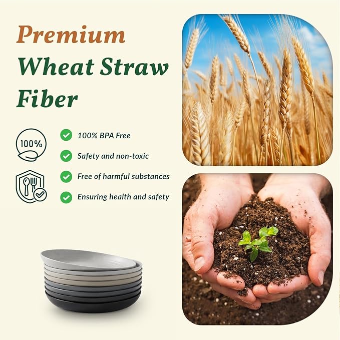 Deep Dinner Plates Set of 8 Alternative for Plastic Microwave and Dishwasher Safe Wheat Straw Kitchen Unbreakable Kids with 4 Colors (Stone Grey, 8 inch),(Deep plates-8)