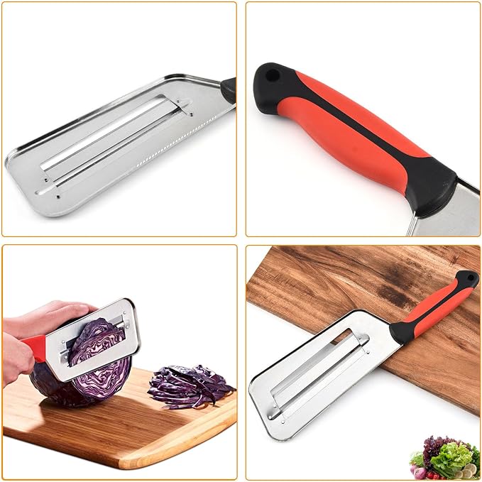 2 Pcs Stainless Steel Vegetable Cutter, Cabbage Shredder, Upgraded Double-Layer Slicer for Sauerkraut, Kitchen Knife with Sharp Blades for Slicing, Grating & Shredding (2 Pcs-Black-Red)
