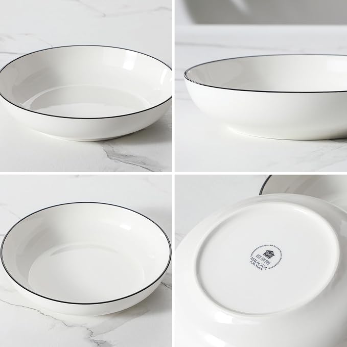 MALACASA 8.85" Large Pasta Bowls, 42 OZ White Salad Bowls Soup Bowls, Porcelain Serving Bowls Set of 4, Ivory White & Black Rim, Microwave & Dishwasher Safe, Series REGULAR