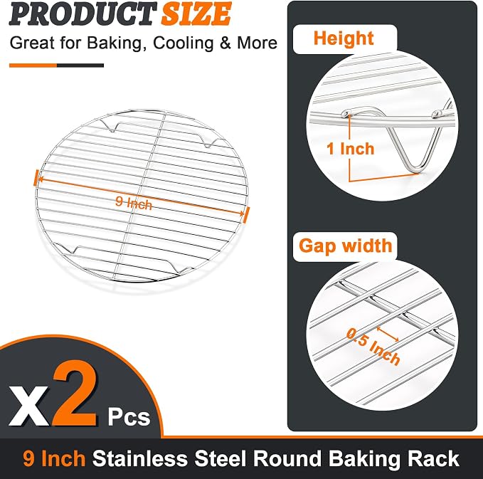 P&P CHEF 9 Inch Cooking Rack Round for Steaming Cooling, Silver, 2 Pack | Stainless Steel Round Wire Rack for Baking Grilling, Roasting, Fits Air Fryer, Steamer Pot, Oven & Dishwasher Safe