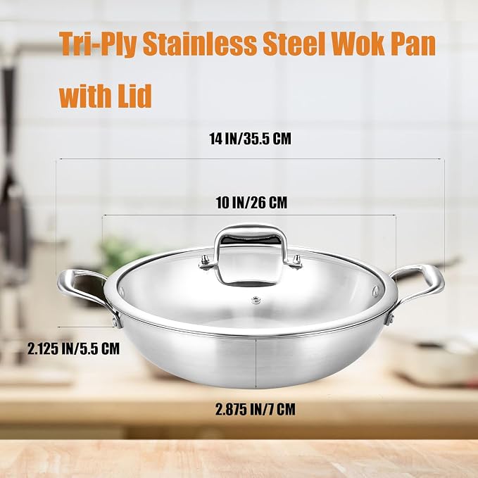 Inqibee 10 Inch Stainless Steel Wok Pan with Lid, Riveted Handle | Uncoated Tri-Ply Stainless Steel Stir Fry Pan, Everyday Cooking Wok for Induction, Flat Bottom, Dishwasher & Oven Safe