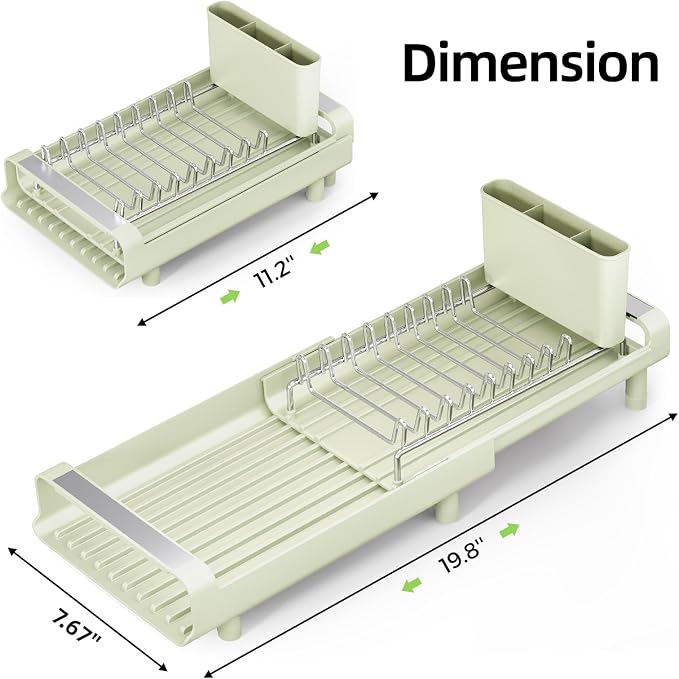 TOOLF Small Dish Drying Rack, Expandable and Space-Saving, Grayish Green | Mini Dish racks for kitchen counter, Compact Design Fits Sink or Counter, Stainless Steel Plate Rack, 11"-19.3"L×7.7"W×3.54"H