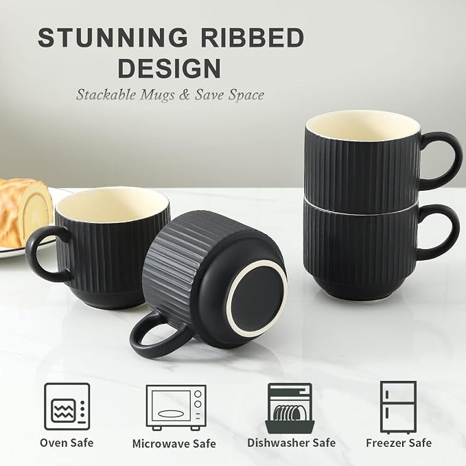 HASENSE Coffee Mug Ceramic Set of 4 with Stand, Stackable Large Latte Cups with Metal Stand, Dishwasher & Microwave Safe, Black for Cappuccino Tea Hot Cocoa