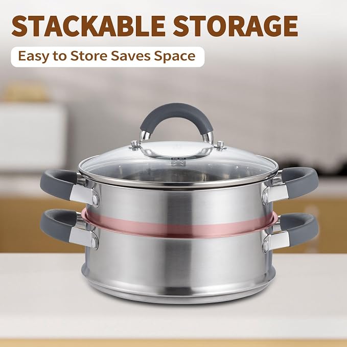 GOLDEN KEY 3.2 QT Steamer Pot With Lid - 2-Tier 18/8 Stainless Steel，Multipurpose Steaming Cookware with Vegetable Steam Basket, Oven & Dishwasher Safe, Triple Bottom for Even Heating, Perfect for Dumplings, Seafood and Vegetables