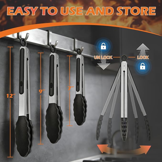 Stainless Steel Kitchen Tongs with Silicone Tips, Locking Grilling Food Tongs, 7" 9" and 12", Set of 3 Black