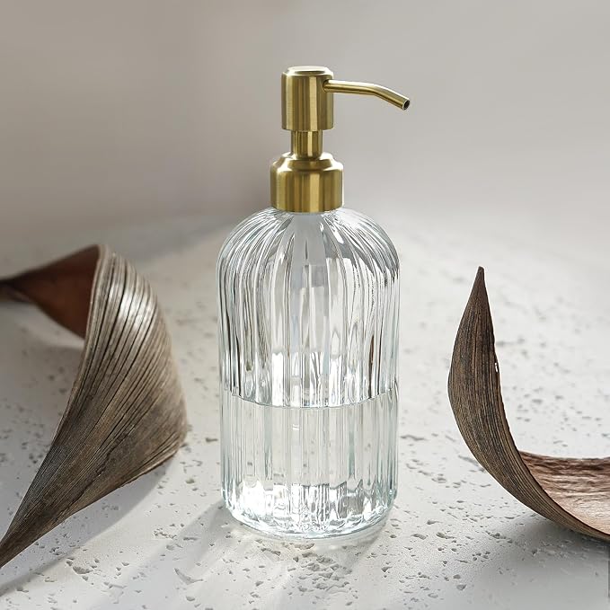 JASAI 18Oz Glass Soap Dispenser with Golden Pump for Kitchen,Refillable Liquid Hand soap Dispenser with Vertical Stripe, Clear Soap Dispenser Bathroom for Hand soap, Dish Soap, Lotion | Refillable Hand Soap Dispenser with Vertical Stripe, Gold Soap Dis...