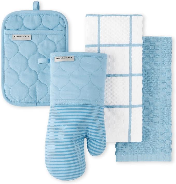 KitchenAid Quilted Cotton Terry Cloth Oven Mitt, Pot Holder, Kitchen Towel 4-Pack Set, Heat Resistant, Silicone Grip, Gift Set, Blue Velvet, 16"x26", 7"x13" & 7"x10"